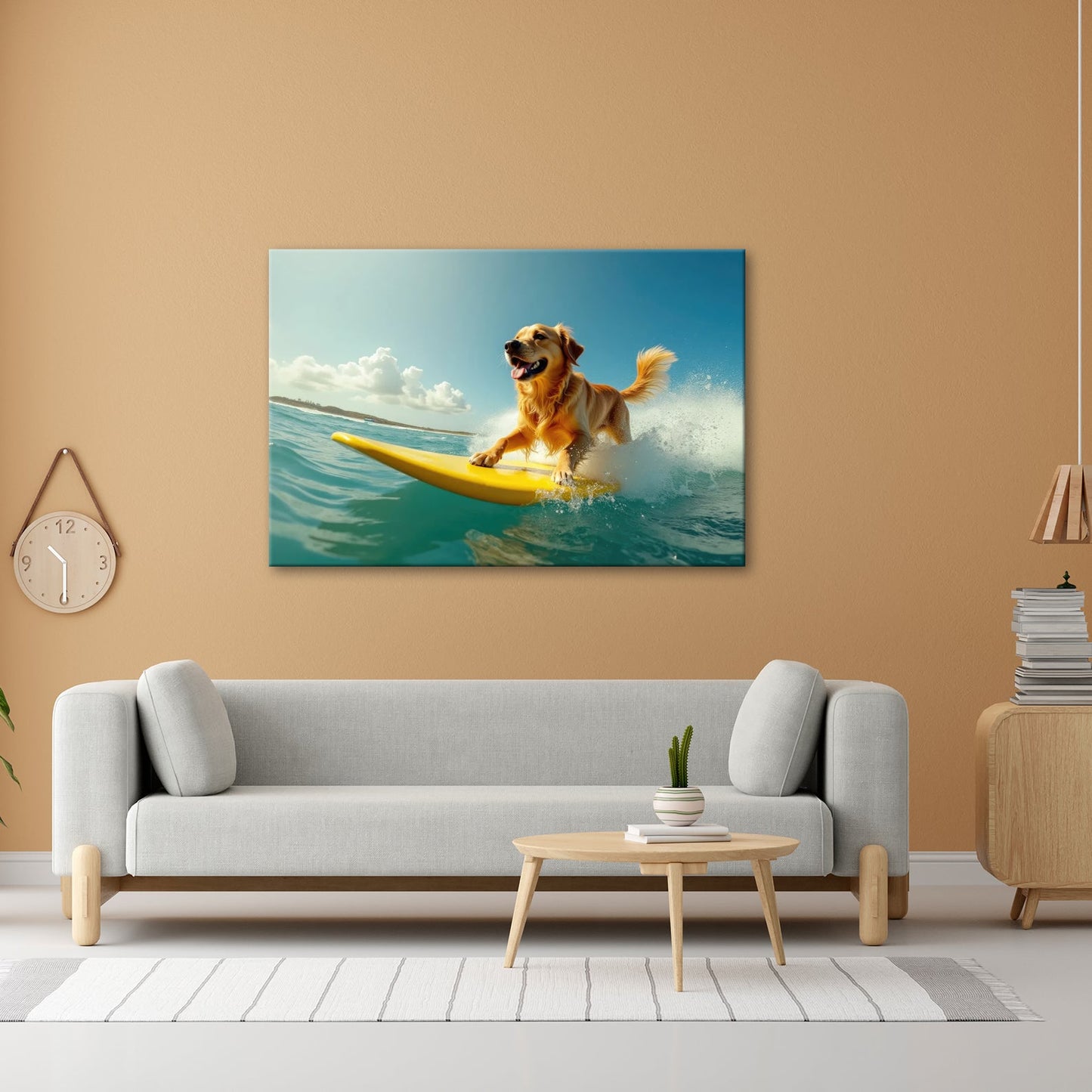 Leinwandbild Goldener Surferhund jagt Wellen im strahlenden Sonnenlicht - deyoli