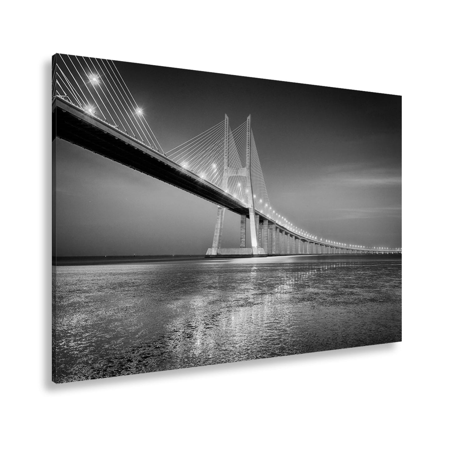 Leinwandbild Goldenes Leuchten über Brücke bei ruhigem Abendmeer XXL – Landschaft - deyoli