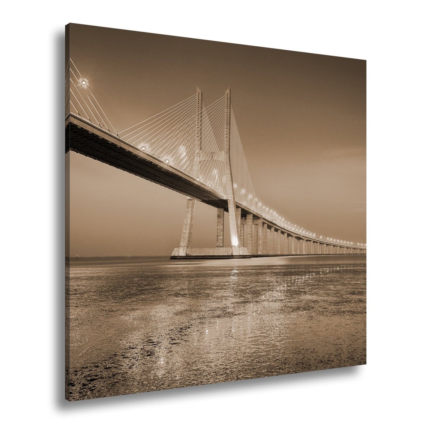 Leinwandbild Goldenes Leuchten über Brücke bei ruhigem Abendmeer XXL – Landschaft - deyoli