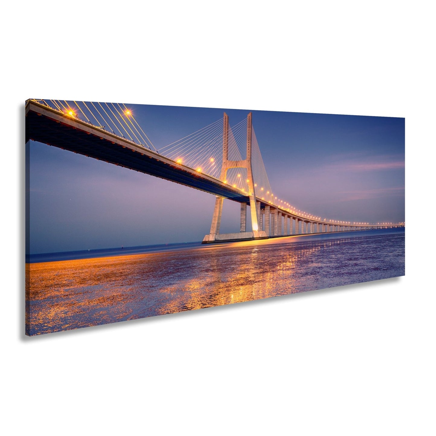Leinwandbild Goldenes Leuchten über Brücke bei ruhigem Abendmeer XXL – Landschaft - deyoli