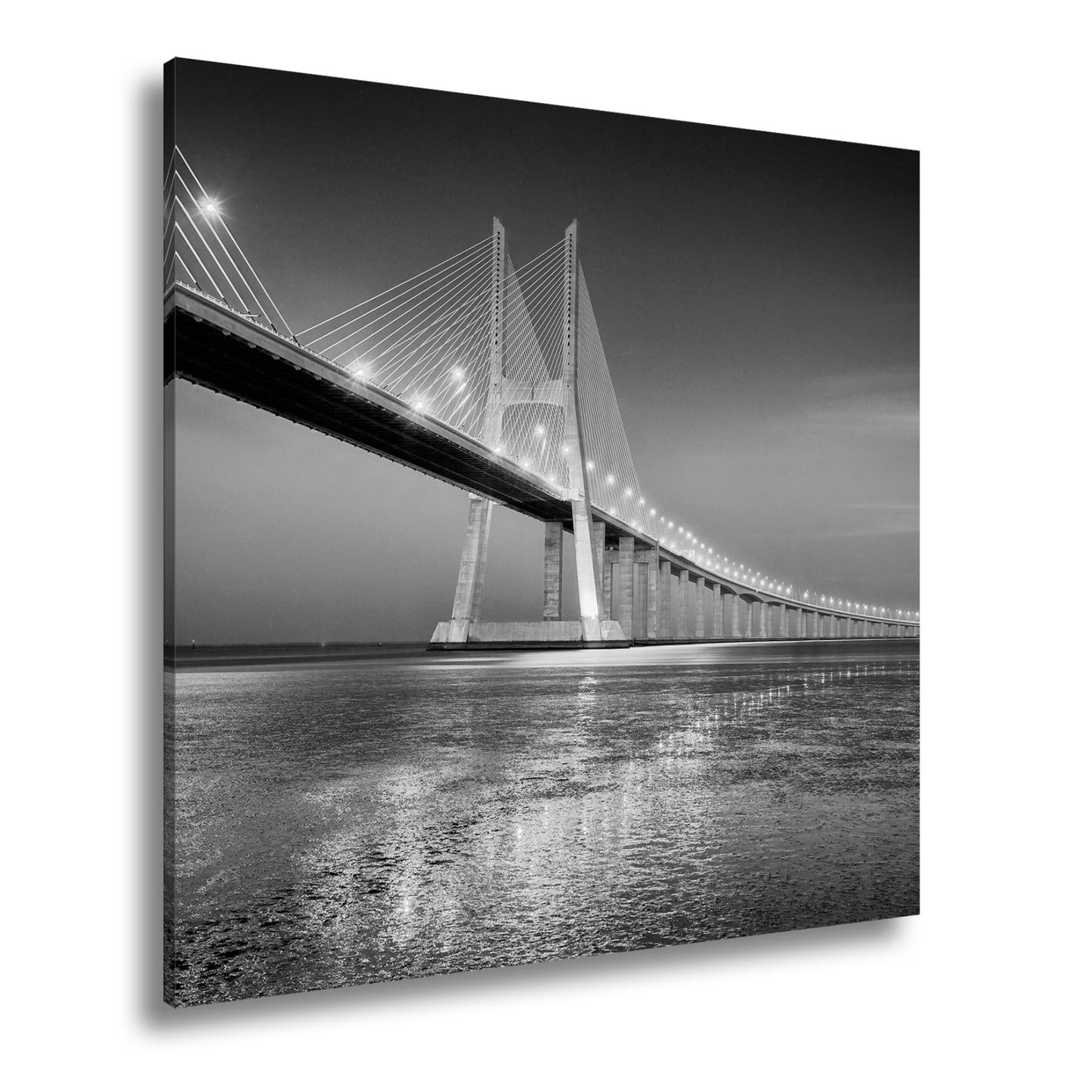 Leinwandbild Goldenes Leuchten über Brücke bei ruhigem Abendmeer XXL – Landschaft - deyoli