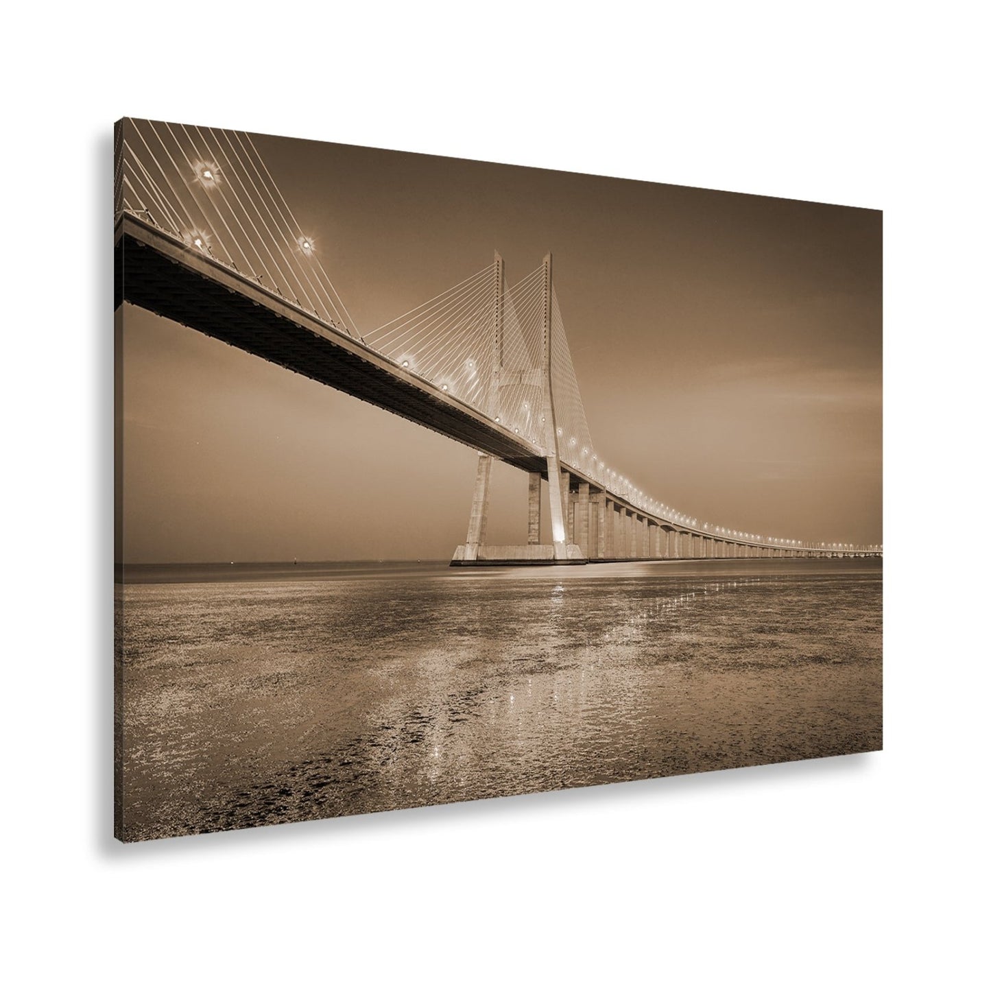 Leinwandbild Goldenes Leuchten über Brücke bei ruhigem Abendmeer XXL – Landschaft - deyoli