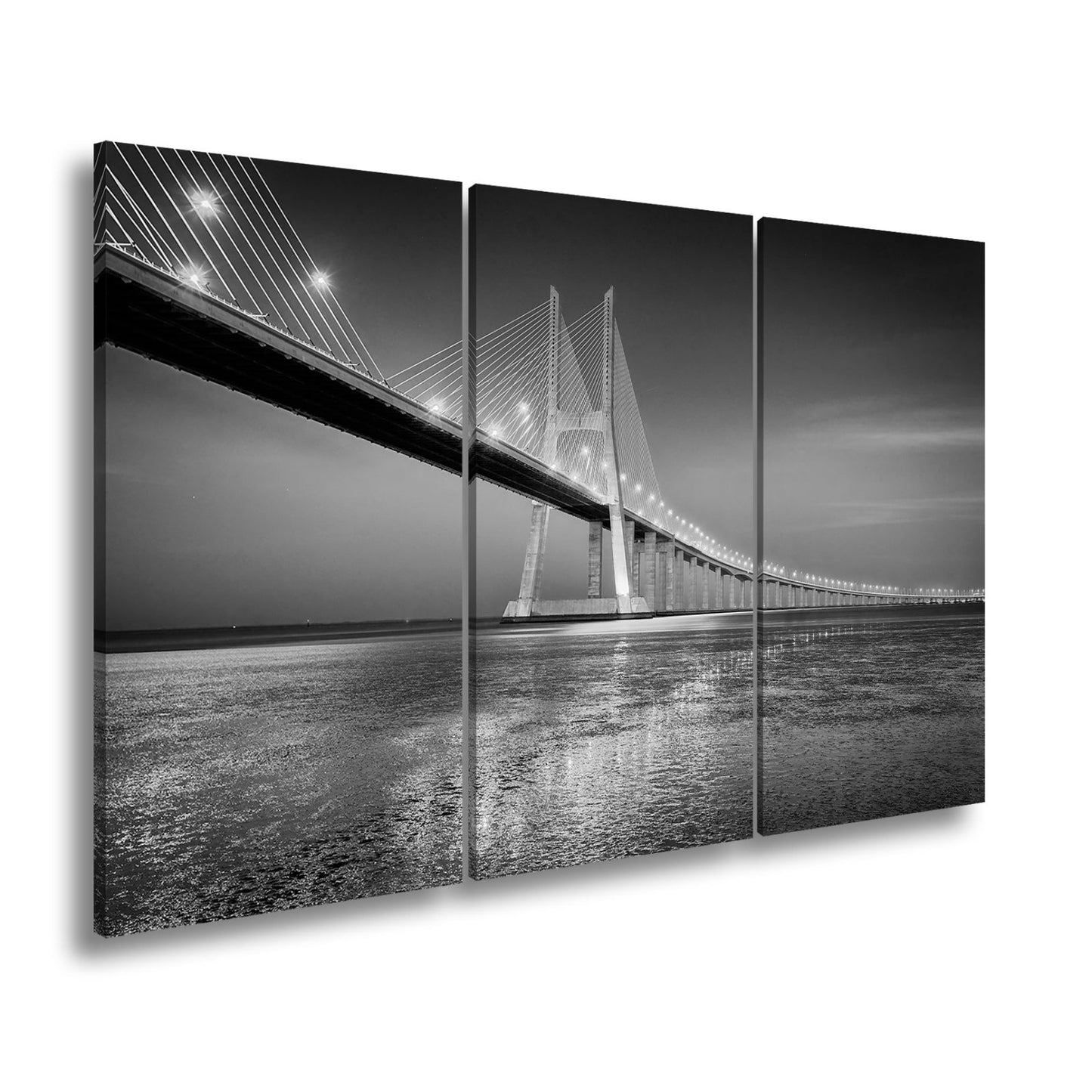 Leinwandbild Goldenes Leuchten über Brücke bei ruhigem Abendmeer XXL – Landschaft - deyoli