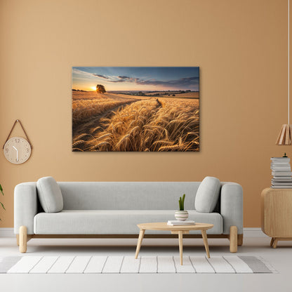 Leinwandbild Goldenes Weizenmeer im Abendlicht XXL – Landschaft Wandbild Natur - deyoli