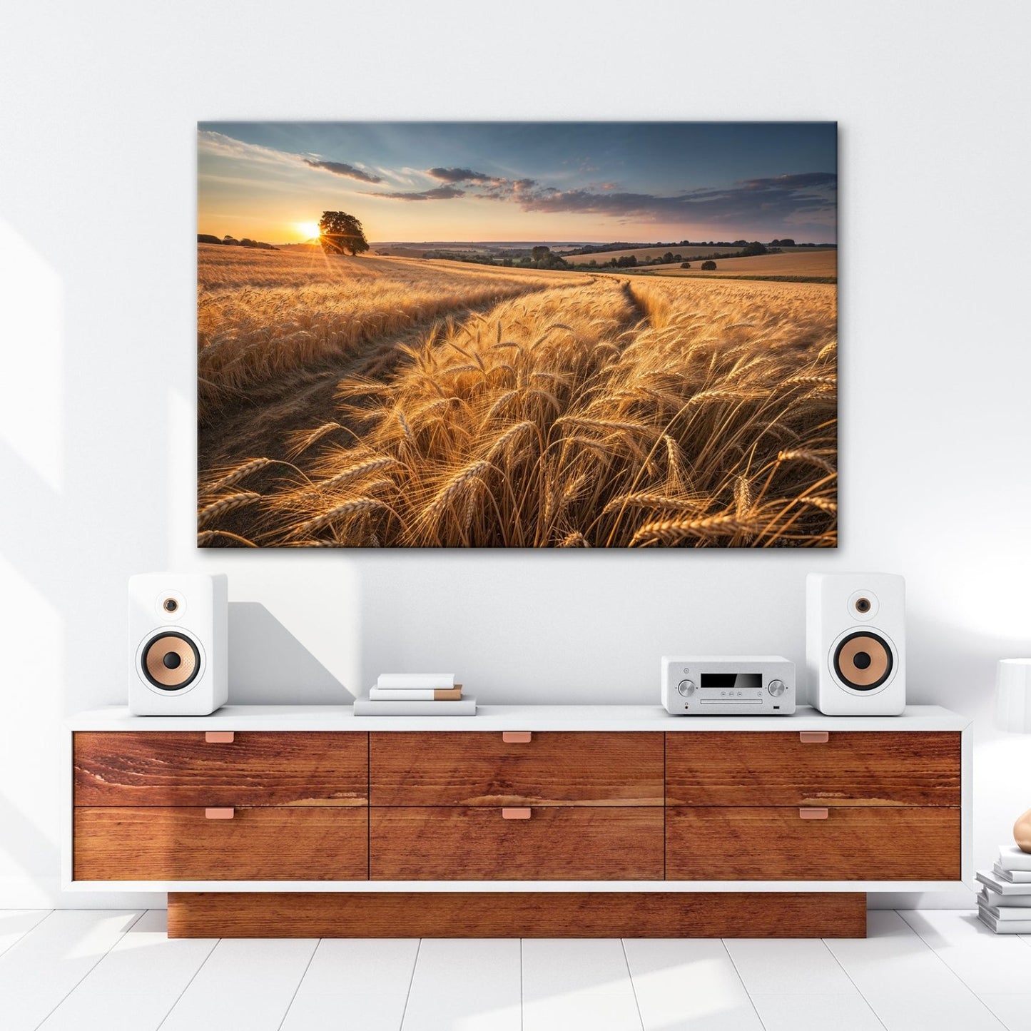 Leinwandbild Goldenes Weizenmeer im Abendlicht XXL – Landschaft Wandbild Natur - deyoli
