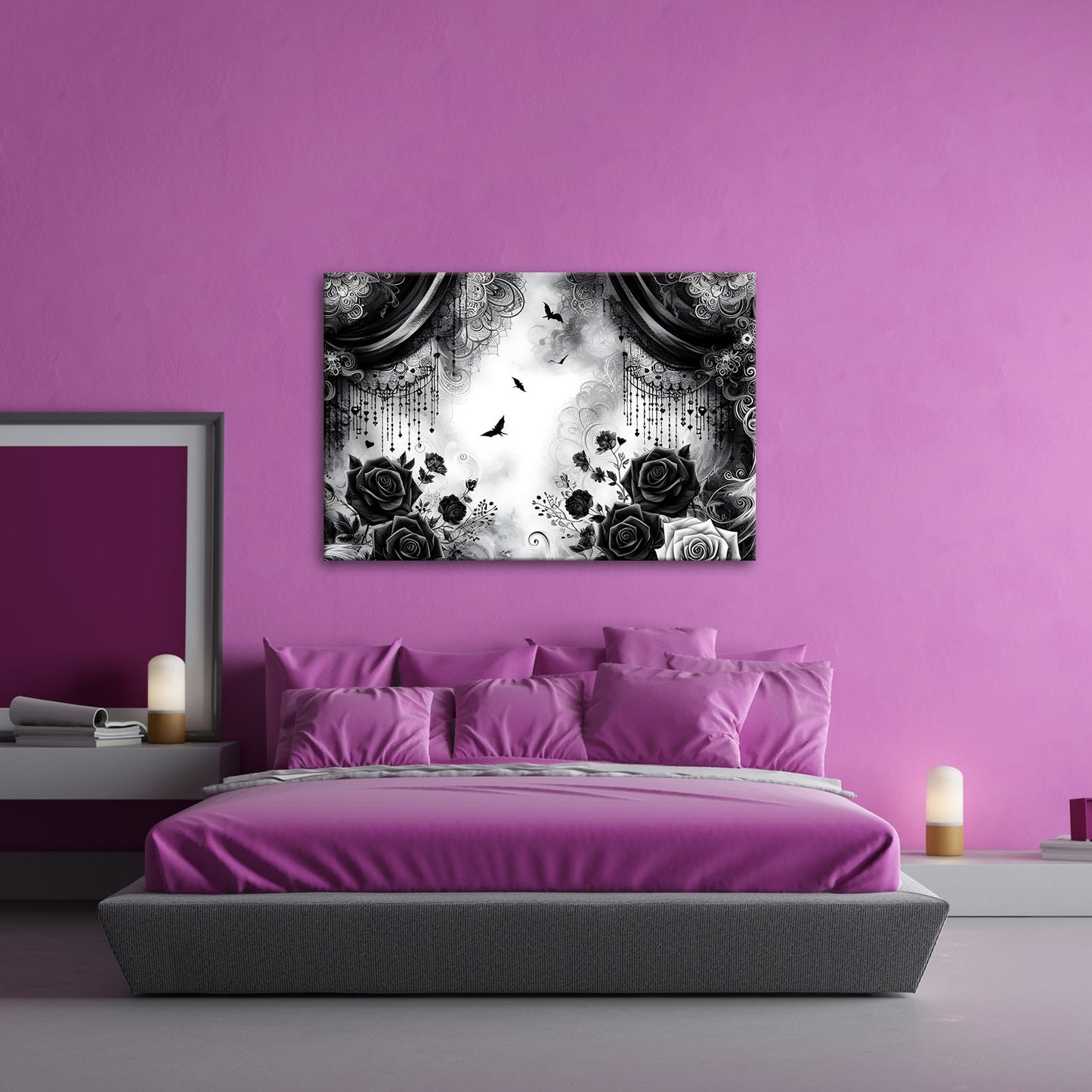 Leinwandbild Gotische Rosen tanzen mit Schatten und Spitze. - deyoli