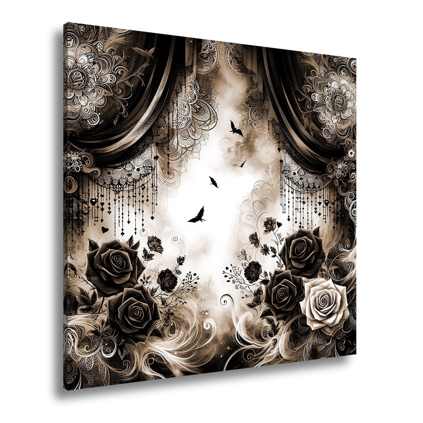 Leinwandbild Gotische Rosen tanzen mit Schatten und Spitze. - deyoli