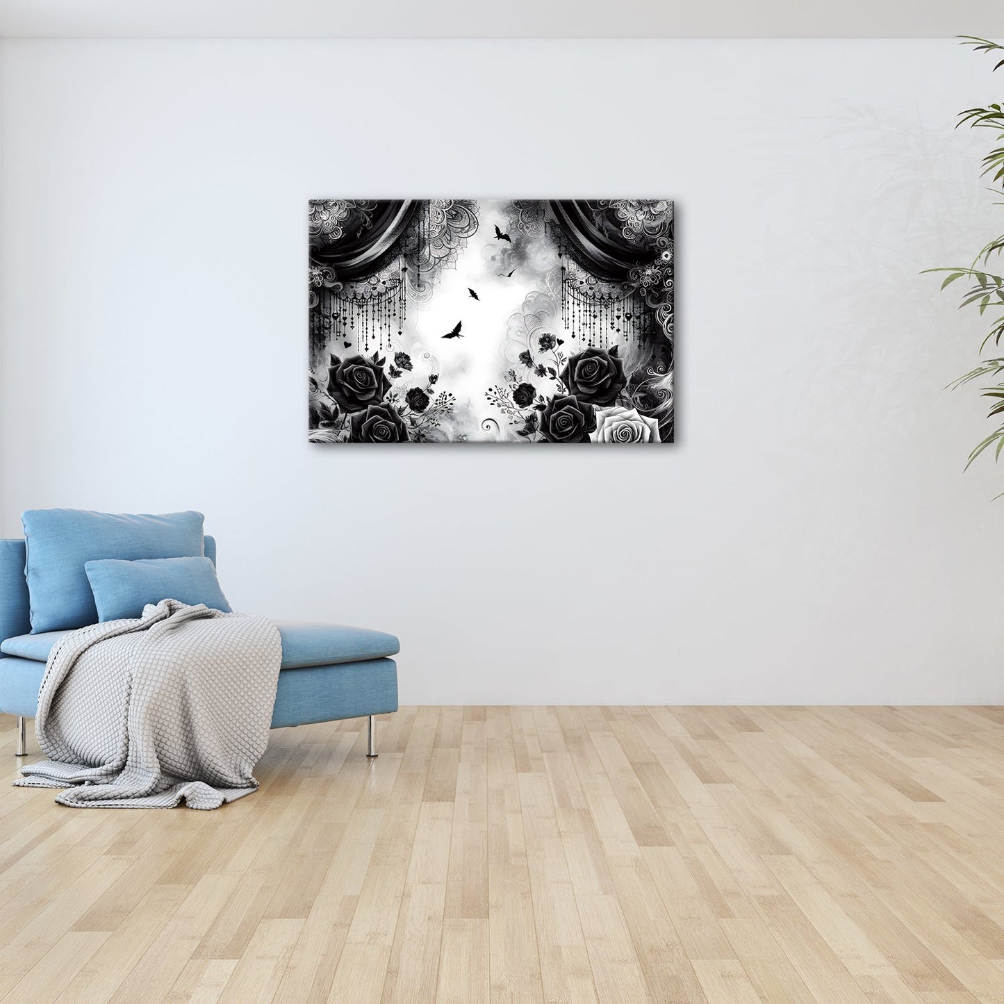 Leinwandbild Gotische Rosen tanzen mit Schatten und Spitze. - deyoli
