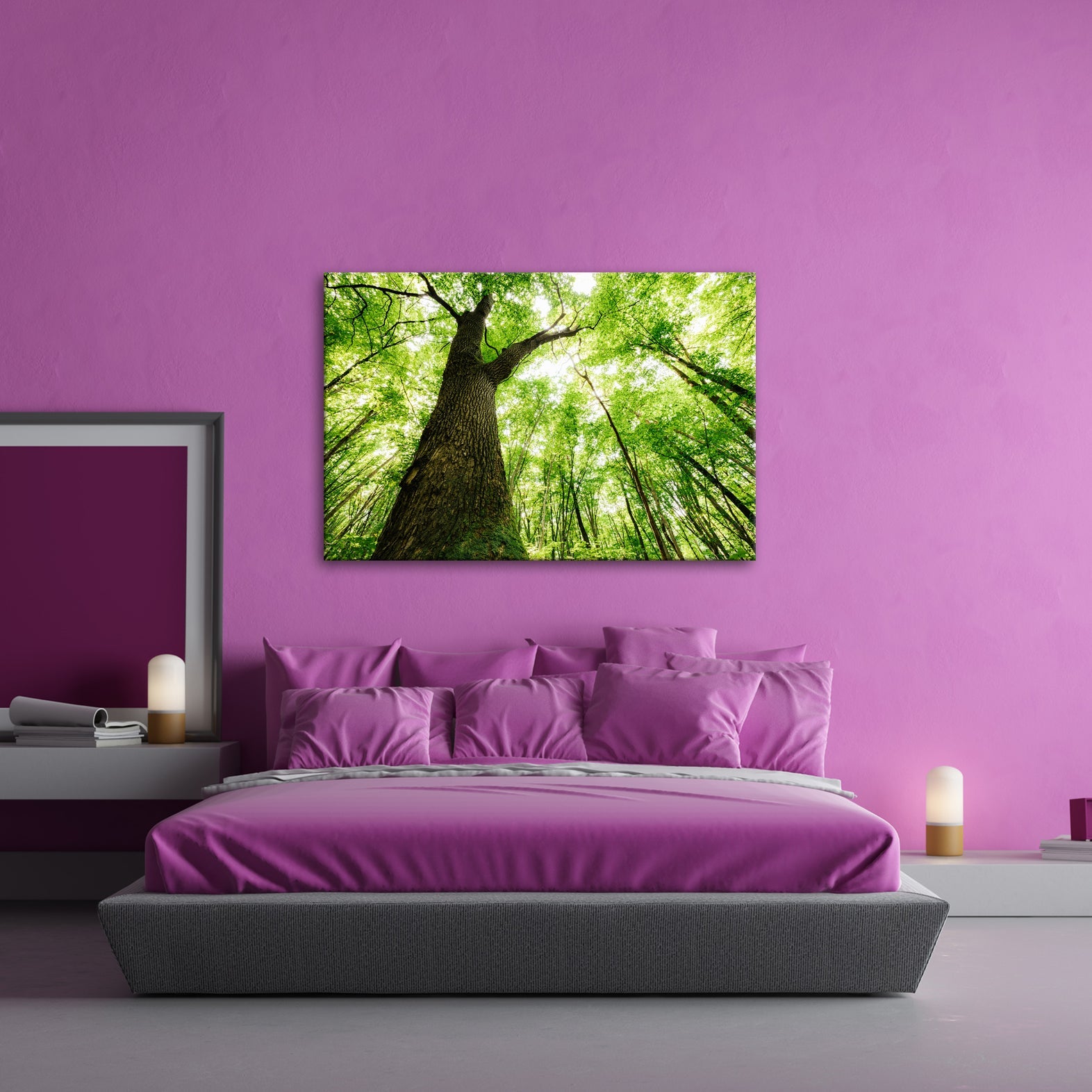 Leinwandbild Grünes Blätterdach im Sonnenlicht – Wald Natur XXL Canvas - deyoli