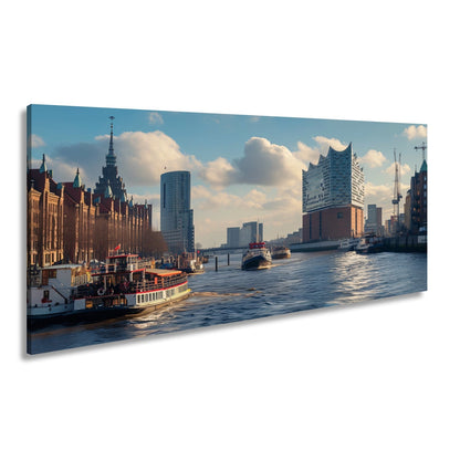 Leinwandbild Hafenzauber mit Elbphilharmonie im goldenen Morgenlicht. - deyoli