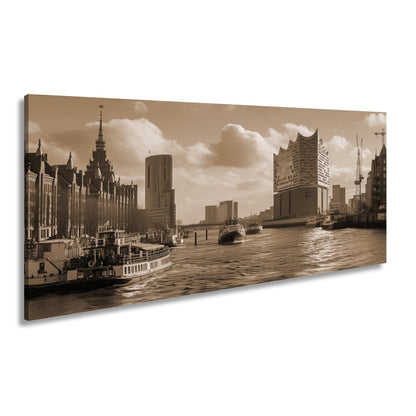 Leinwandbild Hafenzauber mit Elbphilharmonie im goldenen Morgenlicht. - deyoli