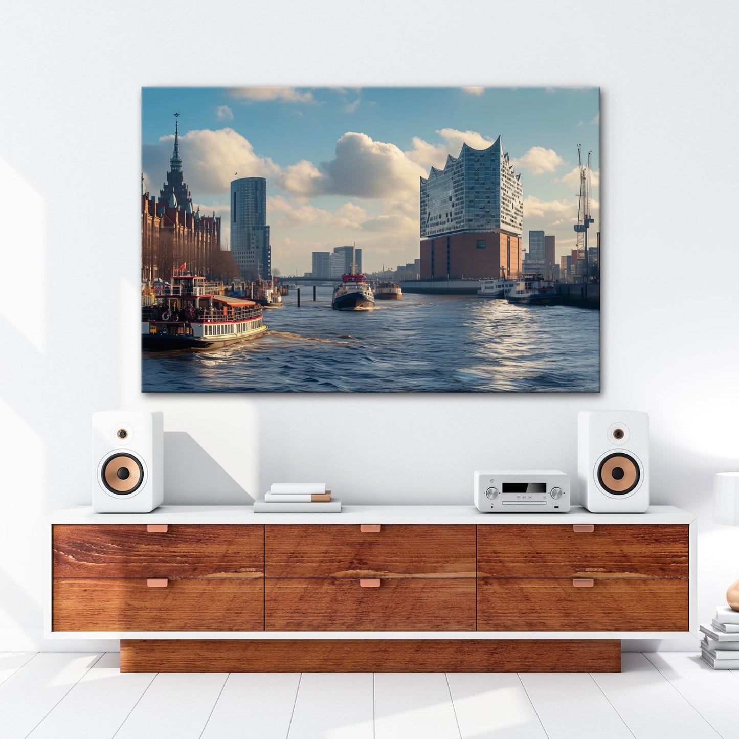 Leinwandbild Hafenzauber mit Elbphilharmonie im goldenen Morgenlicht. - deyoli