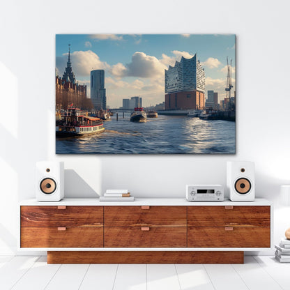 Leinwandbild Hafenzauber mit Elbphilharmonie im goldenen Morgenlicht. - deyoli