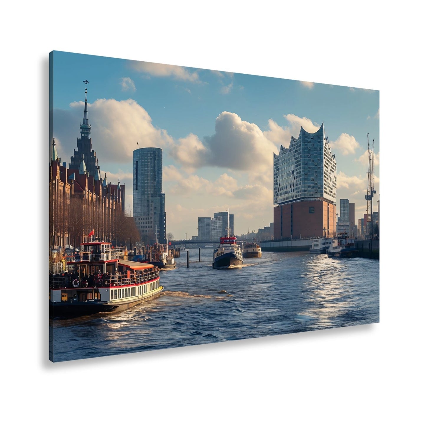 Leinwandbild Hafenzauber mit Elbphilharmonie im goldenen Morgenlicht. - deyoli