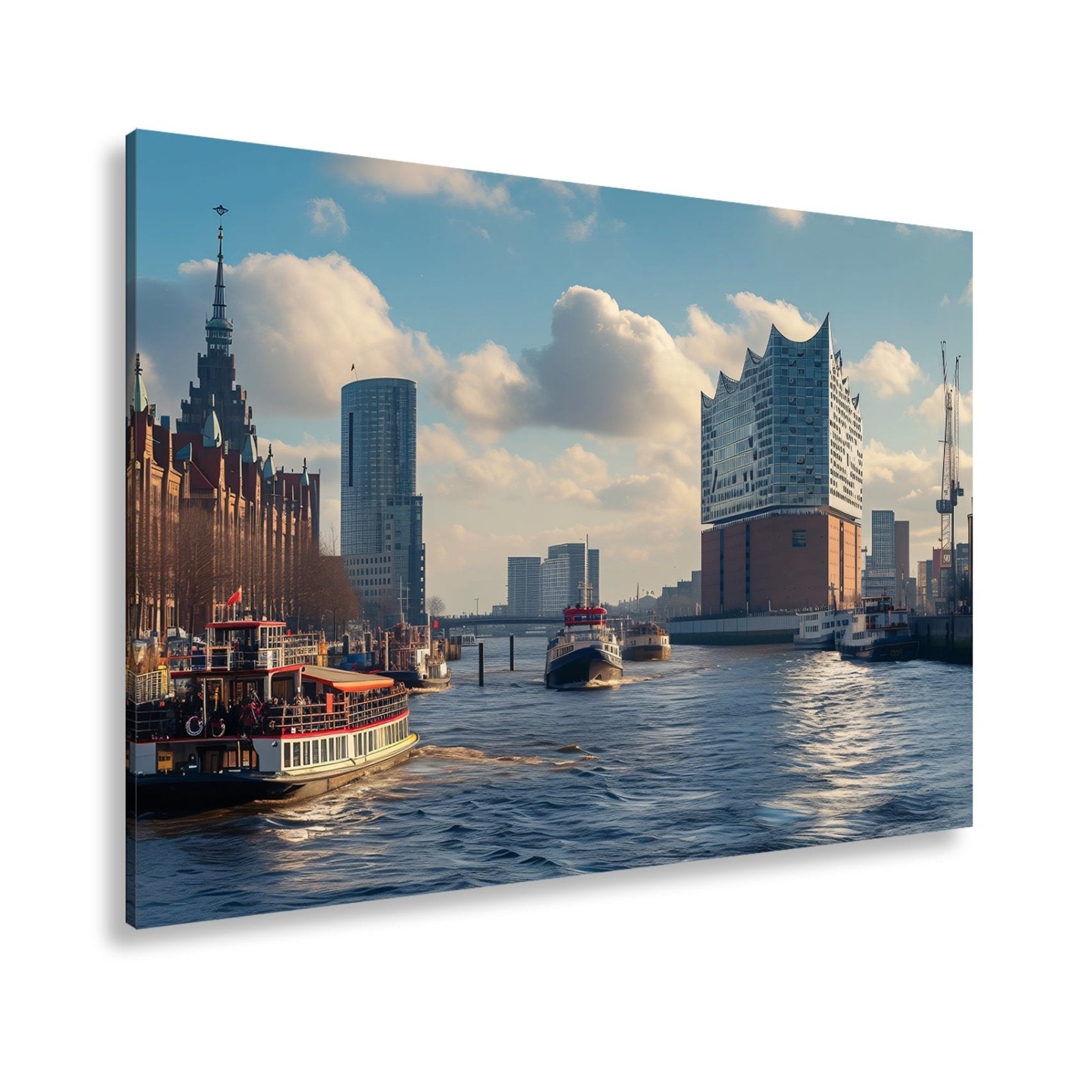 Leinwandbild Hafenzauber mit Elbphilharmonie im goldenen Morgenlicht. - deyoli