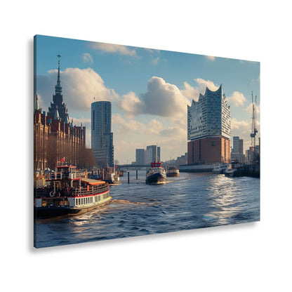 Leinwandbild Hafenzauber mit Elbphilharmonie im goldenen Morgenlicht. - deyoli