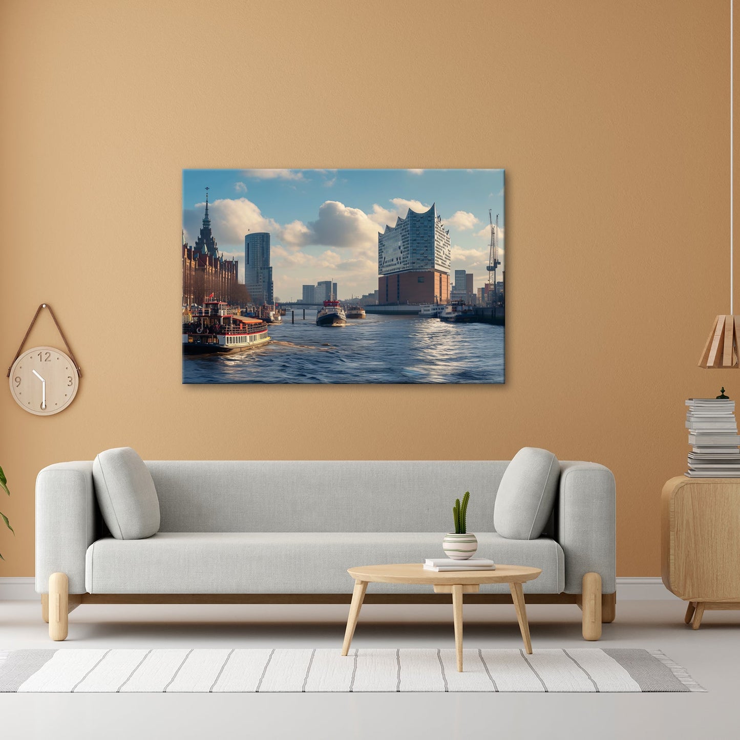 Leinwandbild Hafenzauber mit Elbphilharmonie im goldenen Morgenlicht. - deyoli