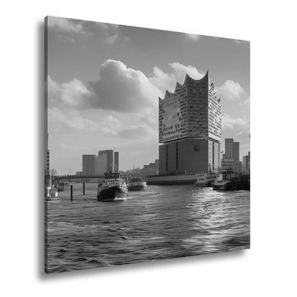 Leinwandbild Hafenzauber mit Elbphilharmonie im goldenen Morgenlicht. - deyoli