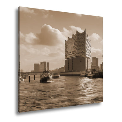 Leinwandbild Hafenzauber mit Elbphilharmonie im goldenen Morgenlicht. - deyoli