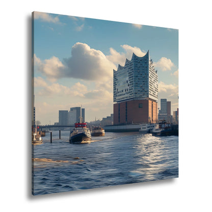 Leinwandbild Hafenzauber mit Elbphilharmonie im goldenen Morgenlicht. - deyoli