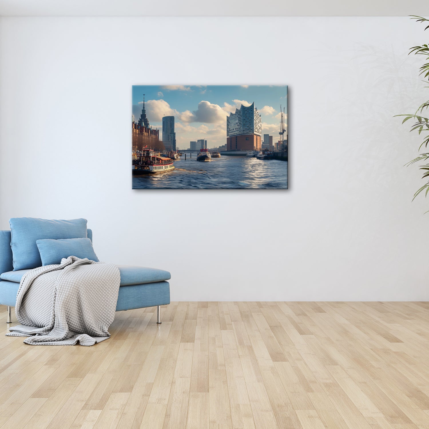 Leinwandbild Hafenzauber mit Elbphilharmonie im goldenen Morgenlicht. - deyoli