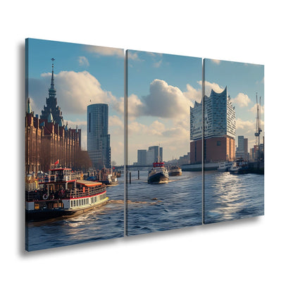 Leinwandbild Hafenzauber mit Elbphilharmonie im goldenen Morgenlicht. - deyoli