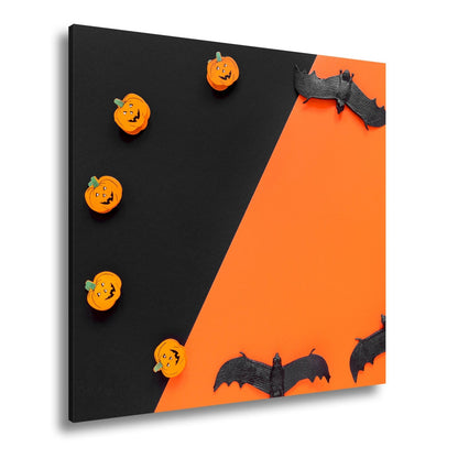 Leinwandbild Halloweenstimmung mit Kürbissen und Fledermäusen XXL – Halloween Deko - deyoli