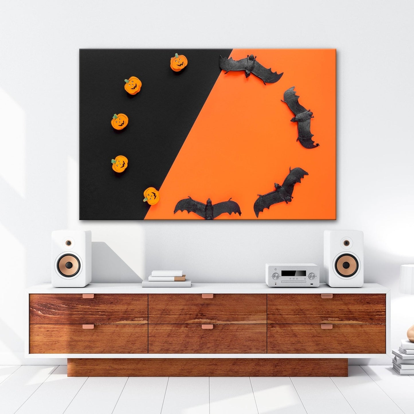 Leinwandbild Halloweenstimmung mit Kürbissen und Fledermäusen XXL – Halloween Deko - deyoli