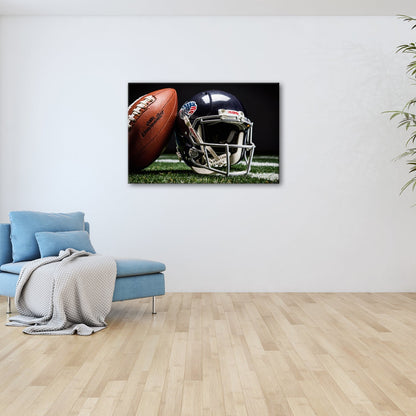 Leinwandbild Helm und Ball – bereit fürs große Spiel. - deyoli