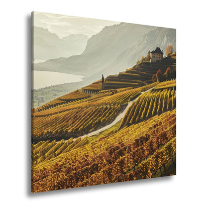 Leinwandbild Herbstgoldene Terrassen über stillem See - deyoli