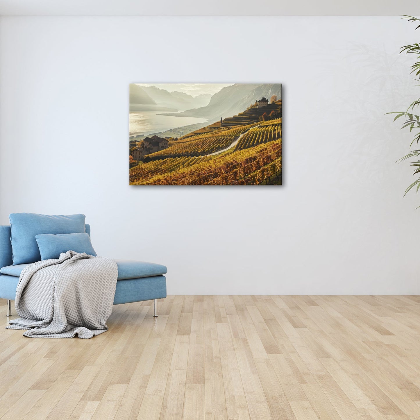 Leinwandbild Herbstgoldene Terrassen über stillem See - deyoli