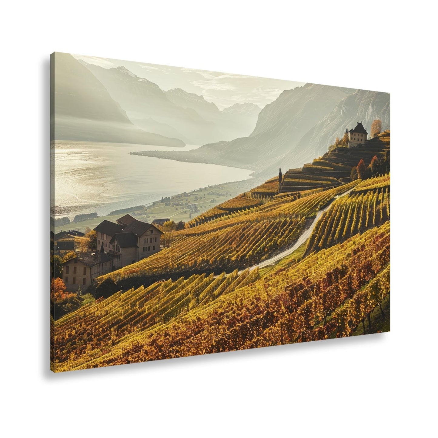 Leinwandbild Herbstgoldene Terrassen über stillem See - deyoli