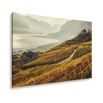 Leinwandbild Herbstgoldene Terrassen über stillem See - deyoli