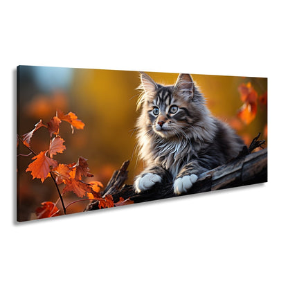 Leinwandbild Herbstlaub tanzt – und eine Katze wacht über den Wald - deyoli