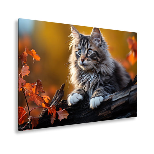 Leinwandbild Herbstlaub tanzt – und eine Katze wacht über den Wald - deyoli