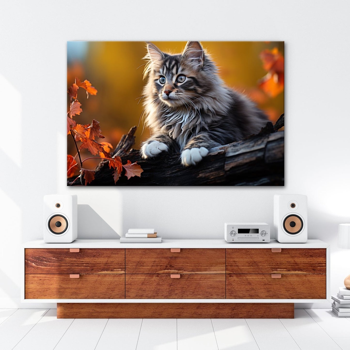 Leinwandbild Herbstlaub tanzt – und eine Katze wacht über den Wald - deyoli