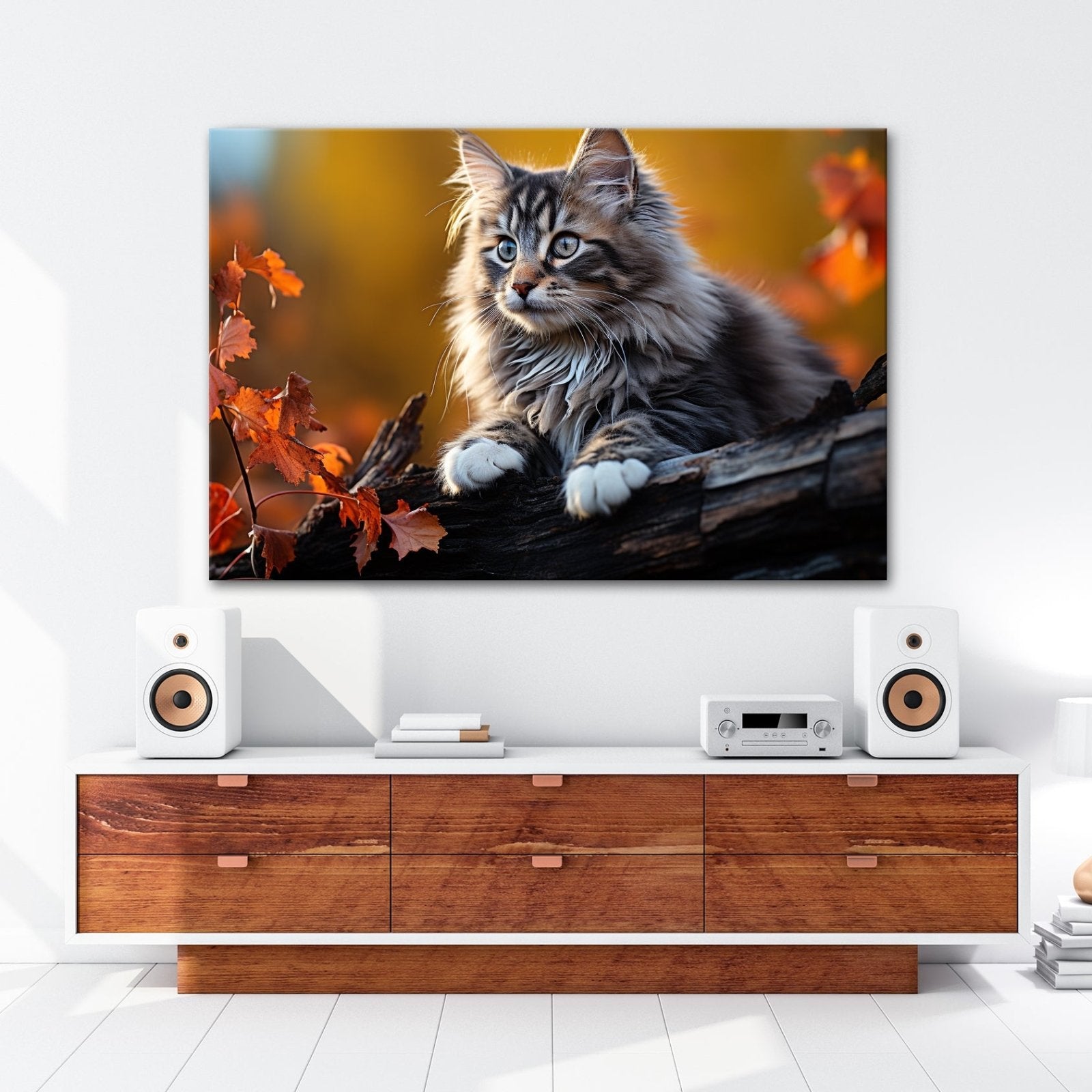 Leinwandbild Herbstlaub tanzt – und eine Katze wacht über den Wald - deyoli