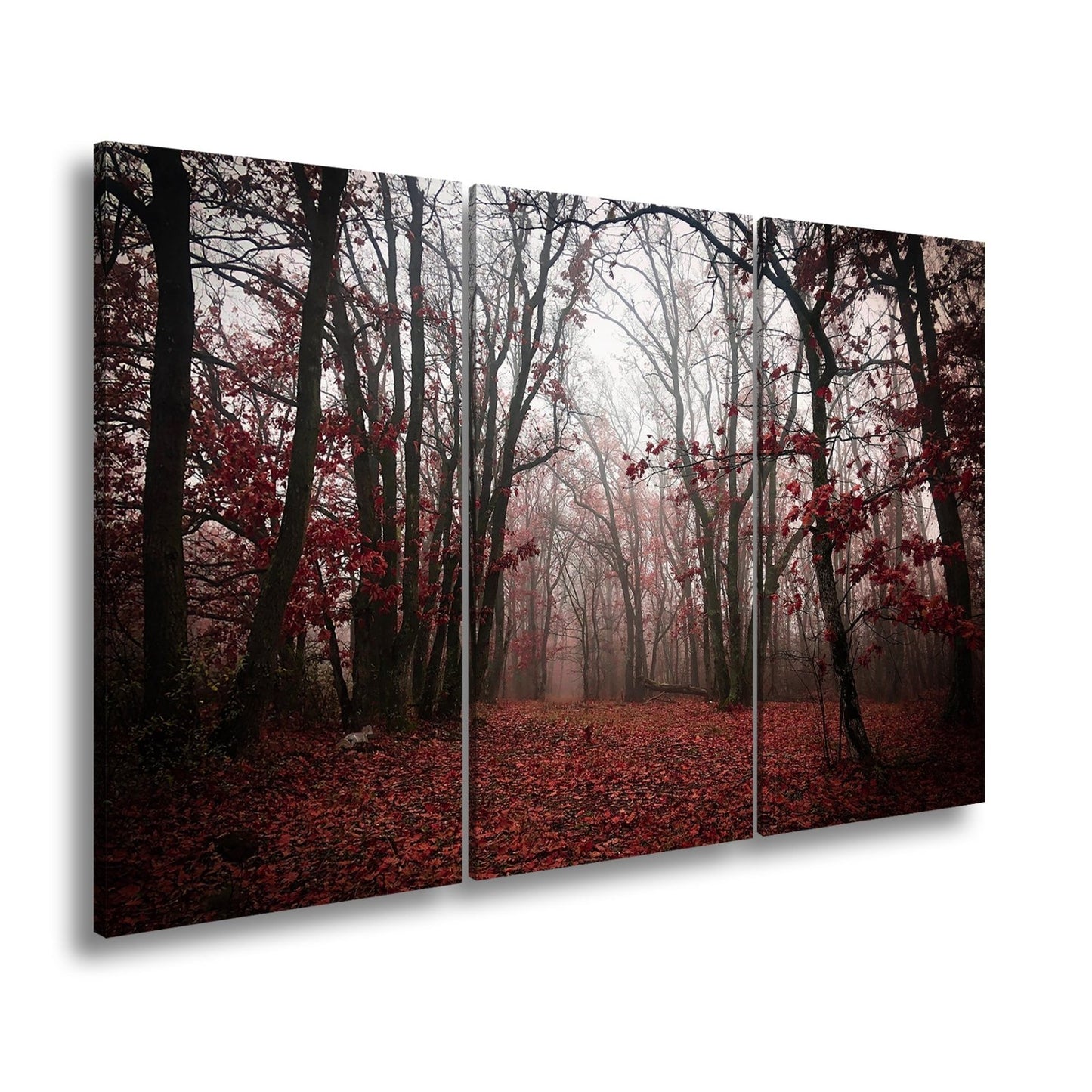 Leinwandbild Herbstwald XXL – Mystisch im roten Nebelschleier gehüllt - deyoli