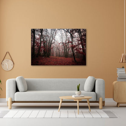 Leinwandbild Herbstwald XXL – Mystisch im roten Nebelschleier gehüllt - deyoli