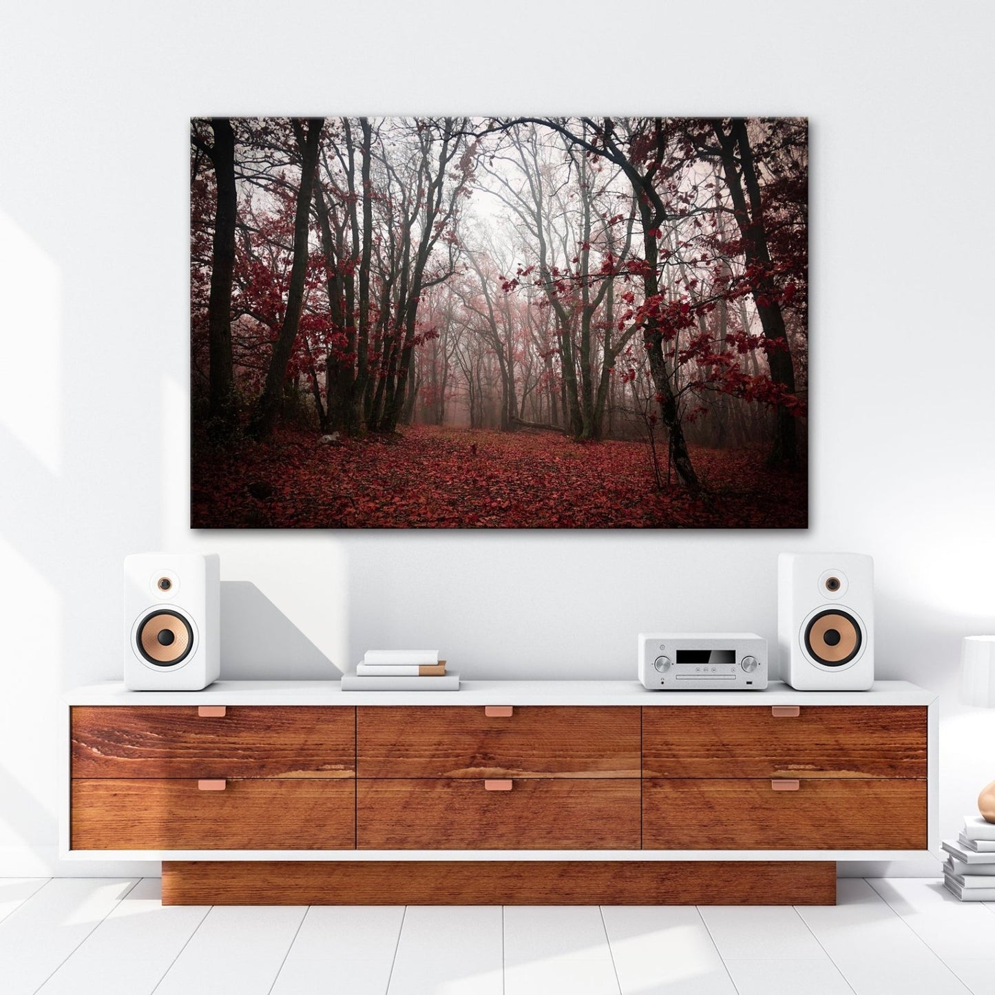 Leinwandbild Herbstwald XXL – Mystisch im roten Nebelschleier gehüllt - deyoli