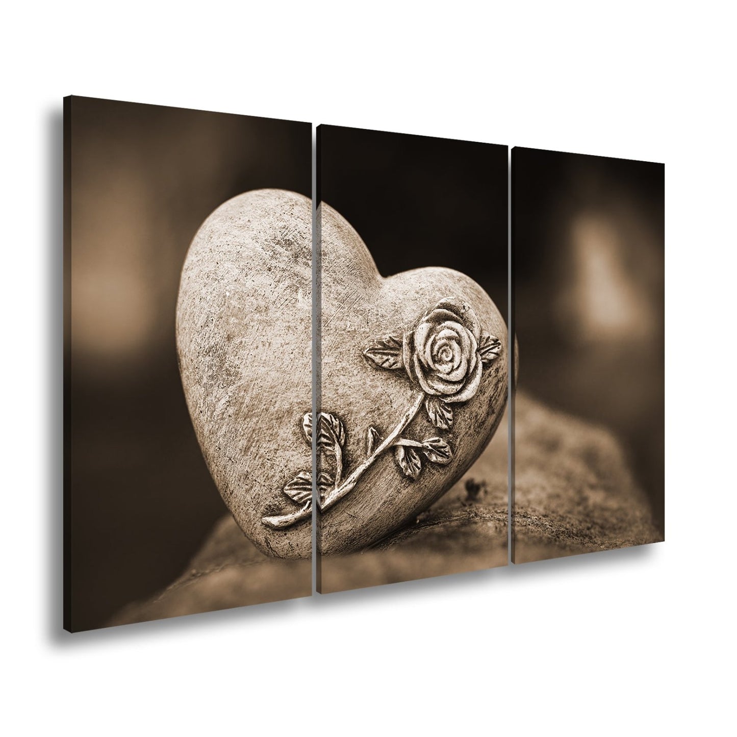 Leinwandbild Herz aus Stein – verziert mit einer Rose der Erinnerung. - deyoli