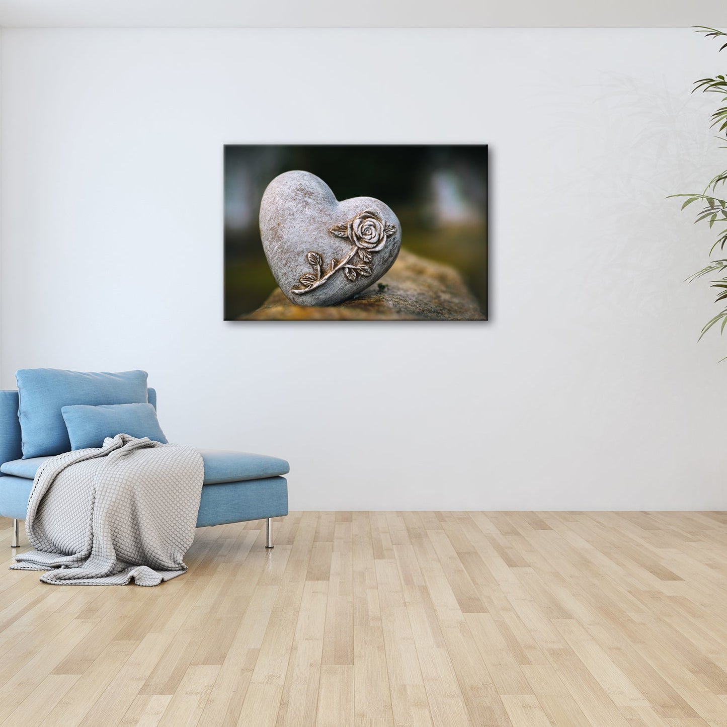 Leinwandbild Herz aus Stein – verziert mit einer Rose der Erinnerung. - deyoli