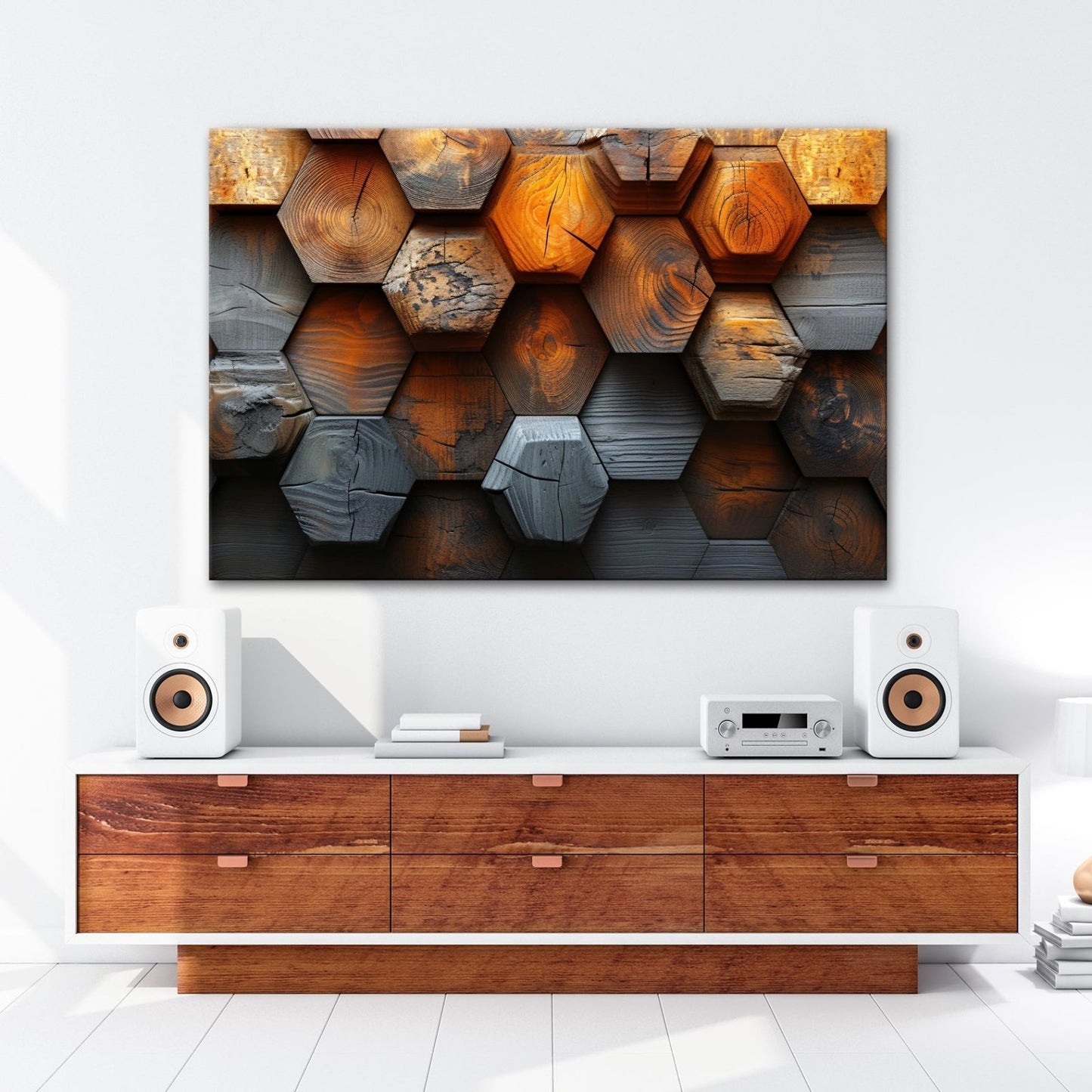 Leinwandbild Hexagonale Holzstruktur mit warmem Glanz und Charakter. - deyoli