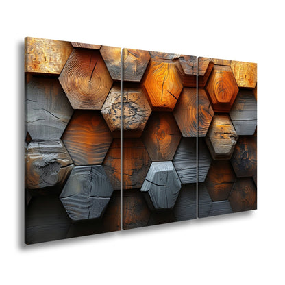 Leinwandbild Hexagonale Holzstruktur mit warmem Glanz und Charakter. - deyoli