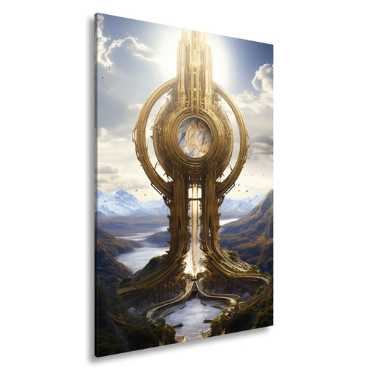 Leinwandbild Himmelsmonument XXL – Golden über weiten Bergen und Seen - deyoli
