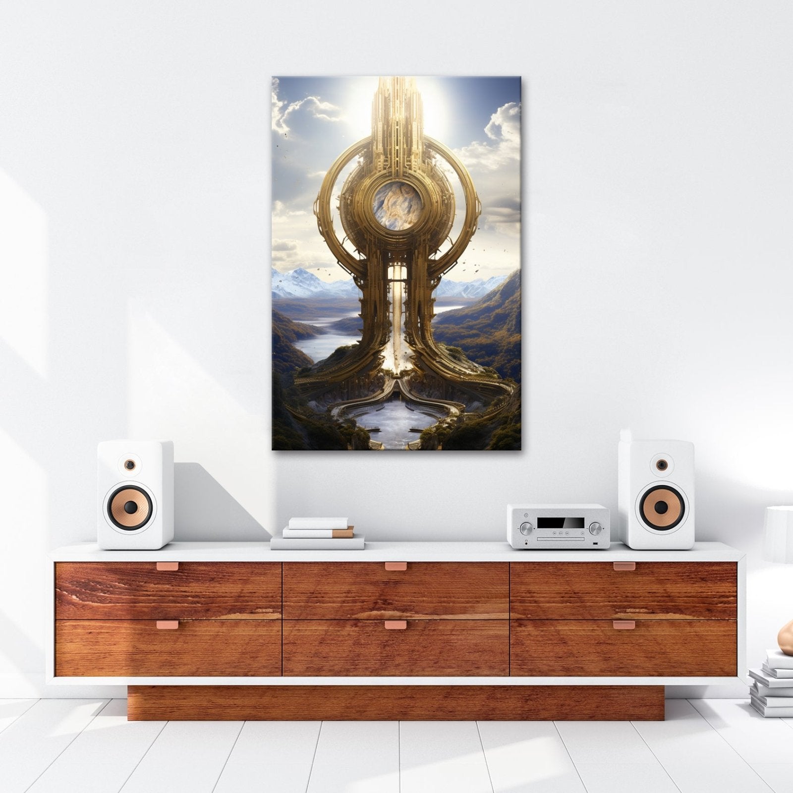 Leinwandbild Himmelsmonument XXL – Golden über weiten Bergen und Seen - deyoli