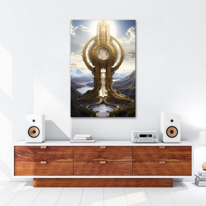 Leinwandbild Himmelsmonument XXL – Golden über weiten Bergen und Seen - deyoli