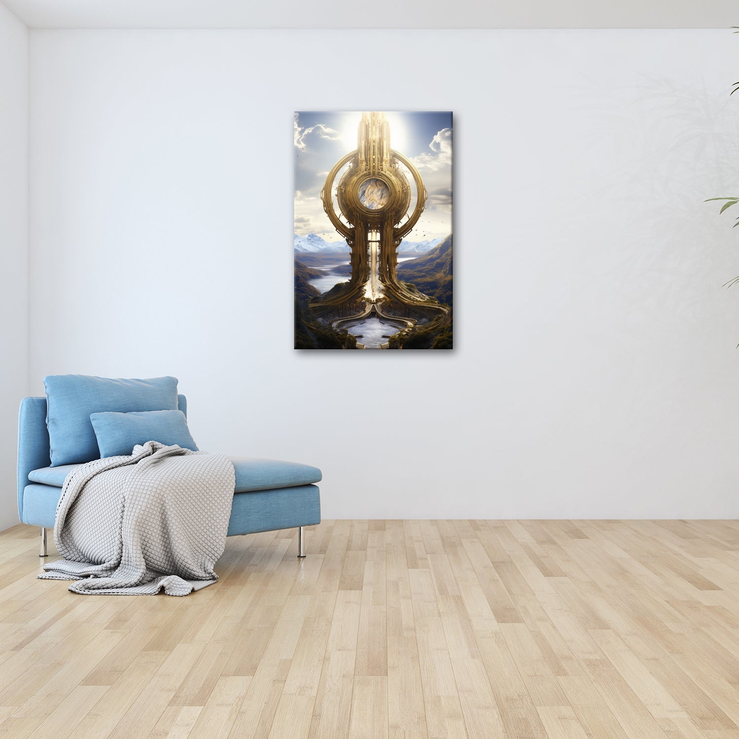 Leinwandbild Himmelsmonument XXL – Golden über weiten Bergen und Seen - deyoli