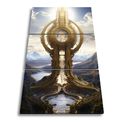 Leinwandbild Himmelsmonument XXL – Golden über weiten Bergen und Seen - deyoli