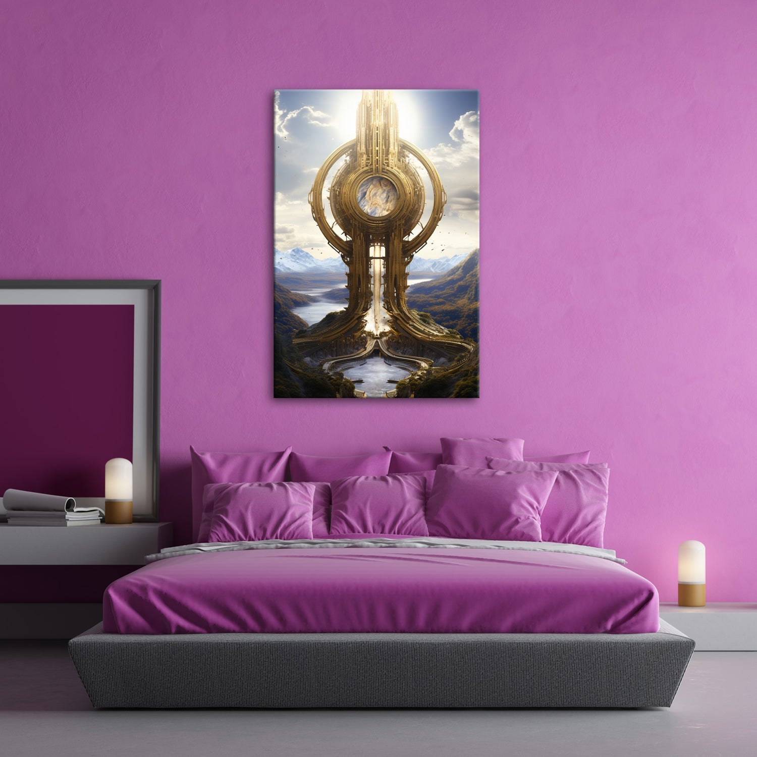 Leinwandbild Himmelsmonument XXL – Golden über weiten Bergen und Seen - deyoli